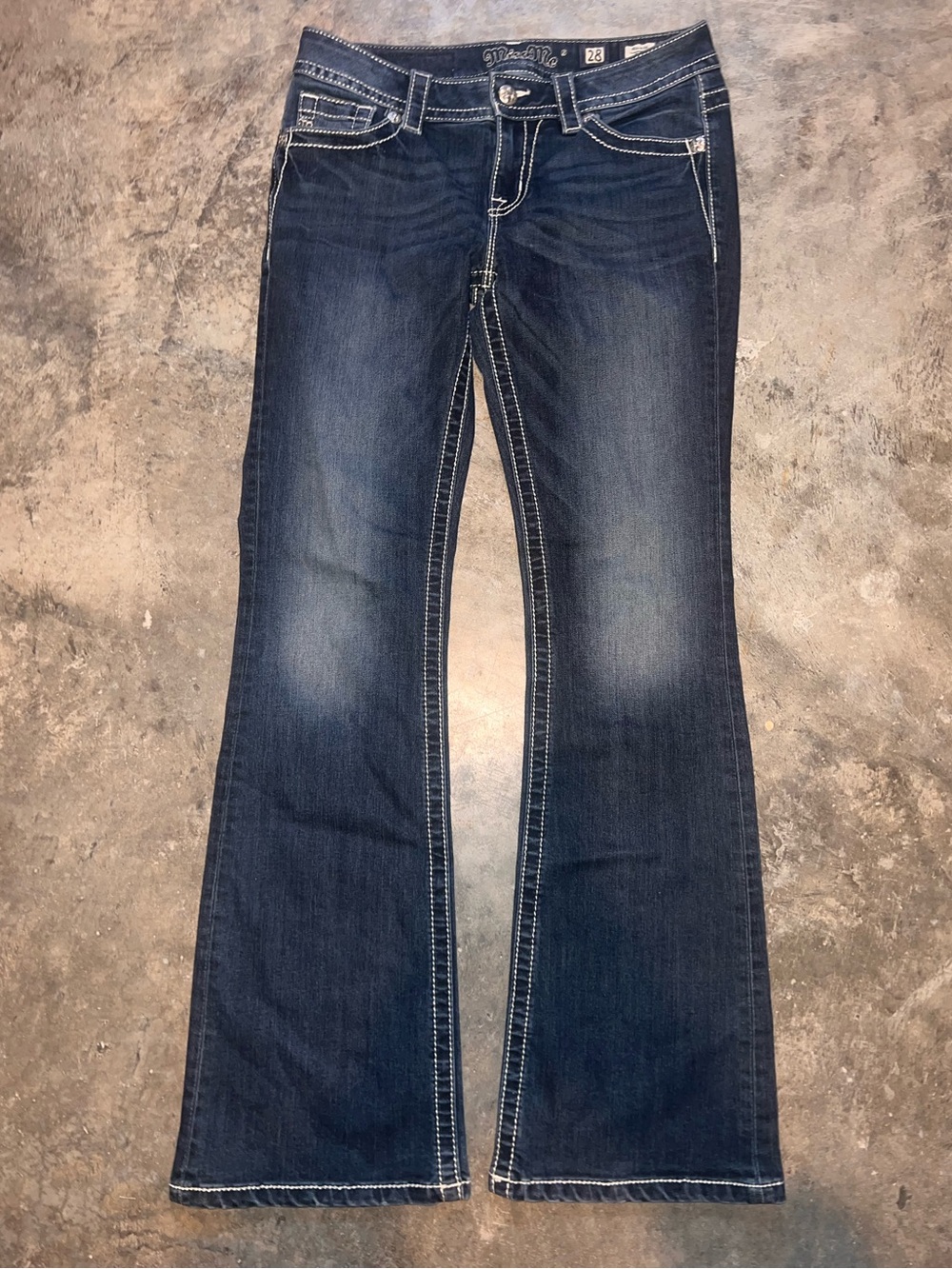 Miss Me Dark Indigo Boot Cut Jeans with White Contrast Stitching